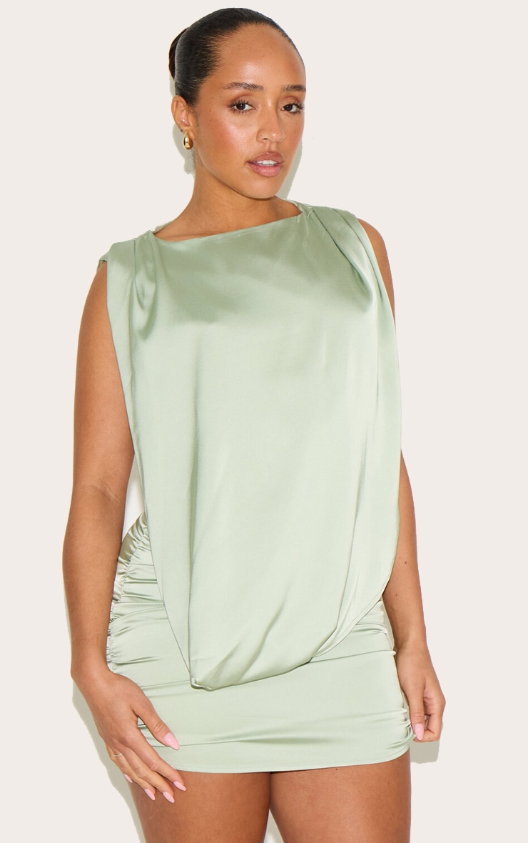 Shape Sage Stretch Satin Boat Neck Drape Front Ruched Mini Dress image 1