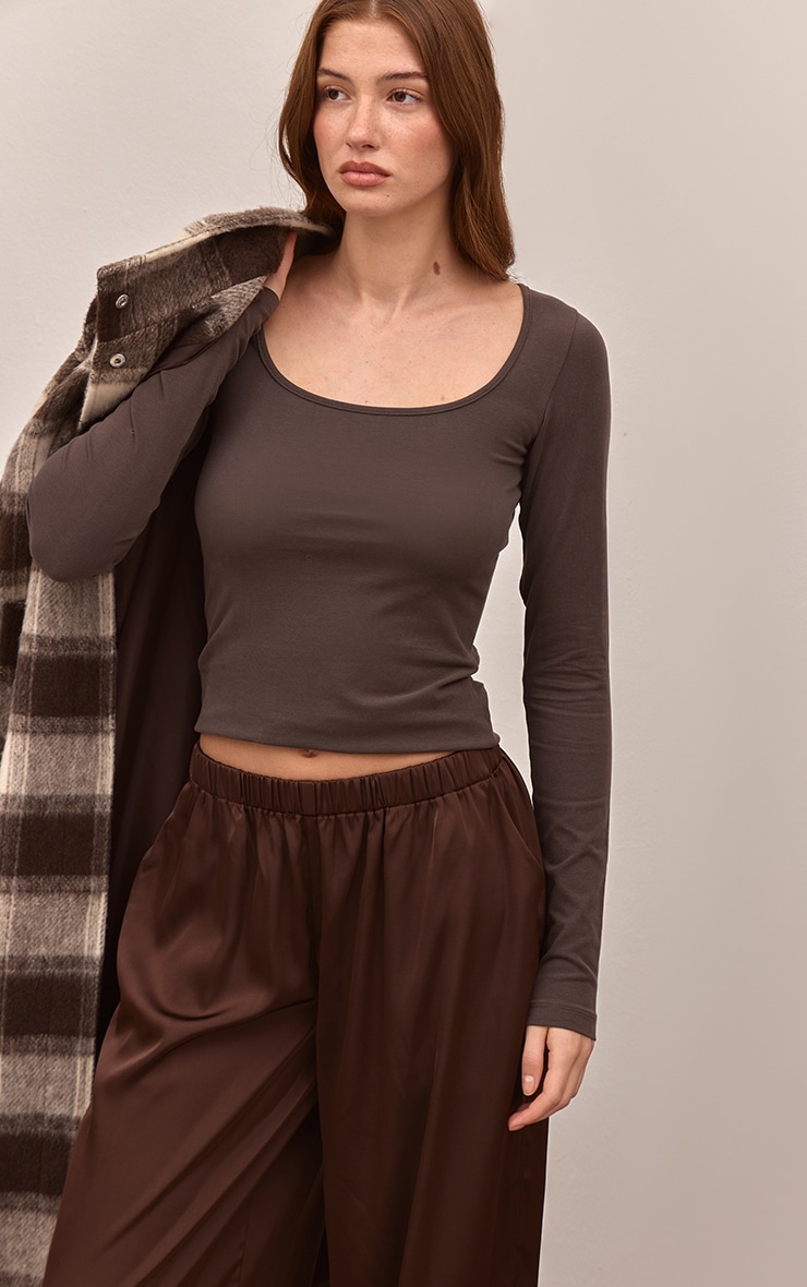 Dark Chocolate Soft Cotton Scoop Neck Long Sleeve Top image 1