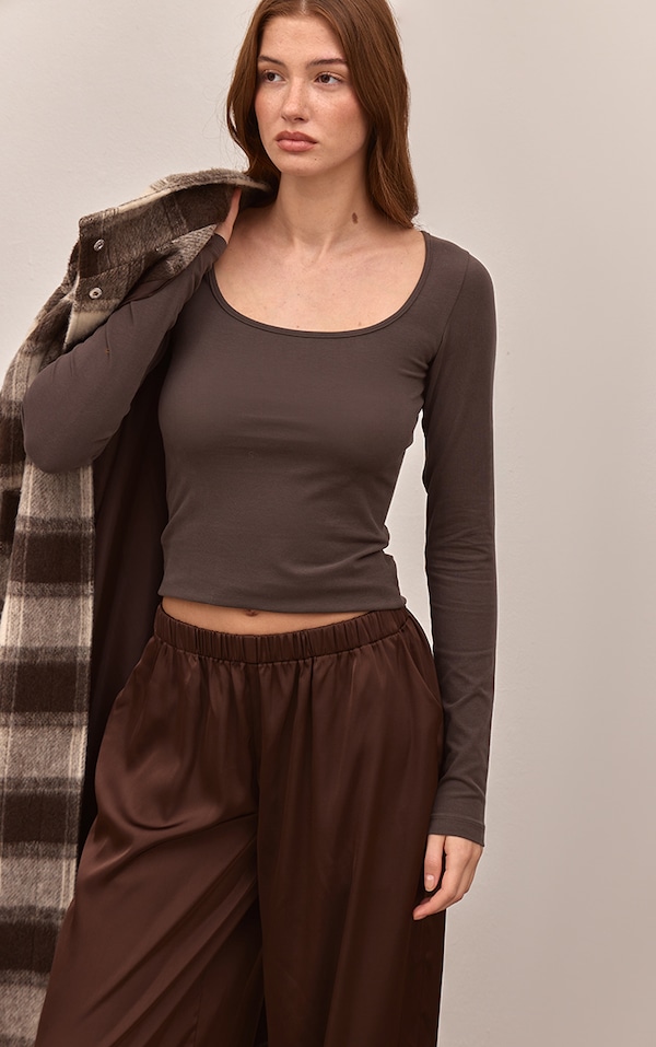 Dark Chocolate Soft Cotton Scoop Neck Long Sleeve Top