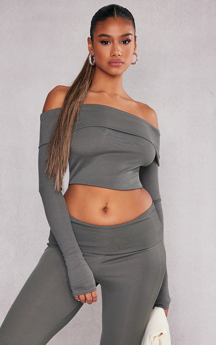 Khaki Rib Foldover Bardot Flute Sleeve Longline Top