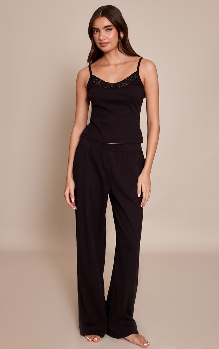 Black Ribbed Lace Trim Cami Top  image 3