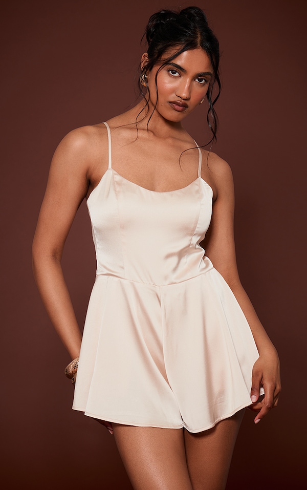 Champagne Satin Spaghetti Strap Romper