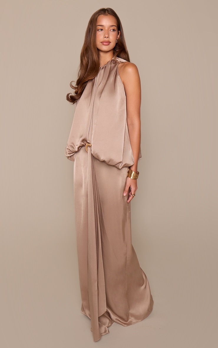 Taupe Satin Ruched Bodice Trim Detail Maxi Dress image 3