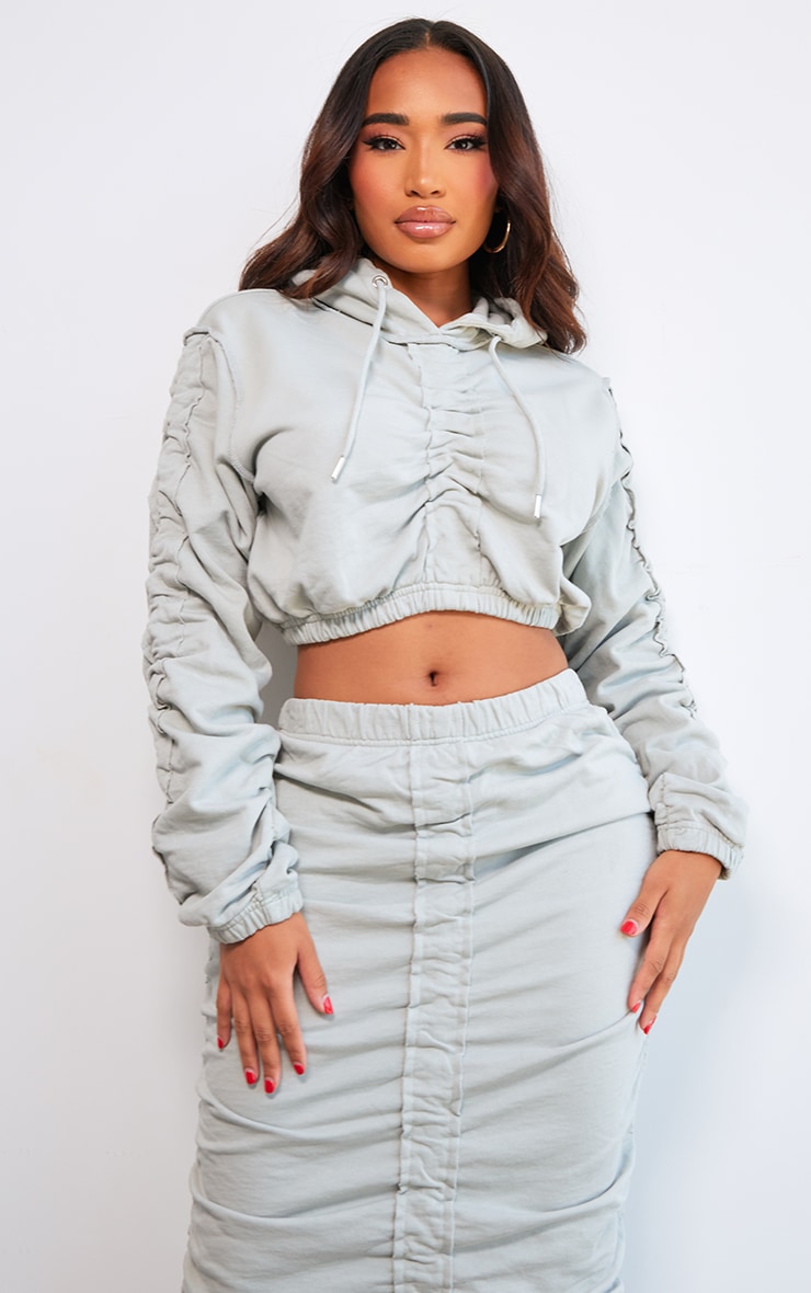 Shape Light Grey Ruched Sweat Long Sleeved Crop Hoodie