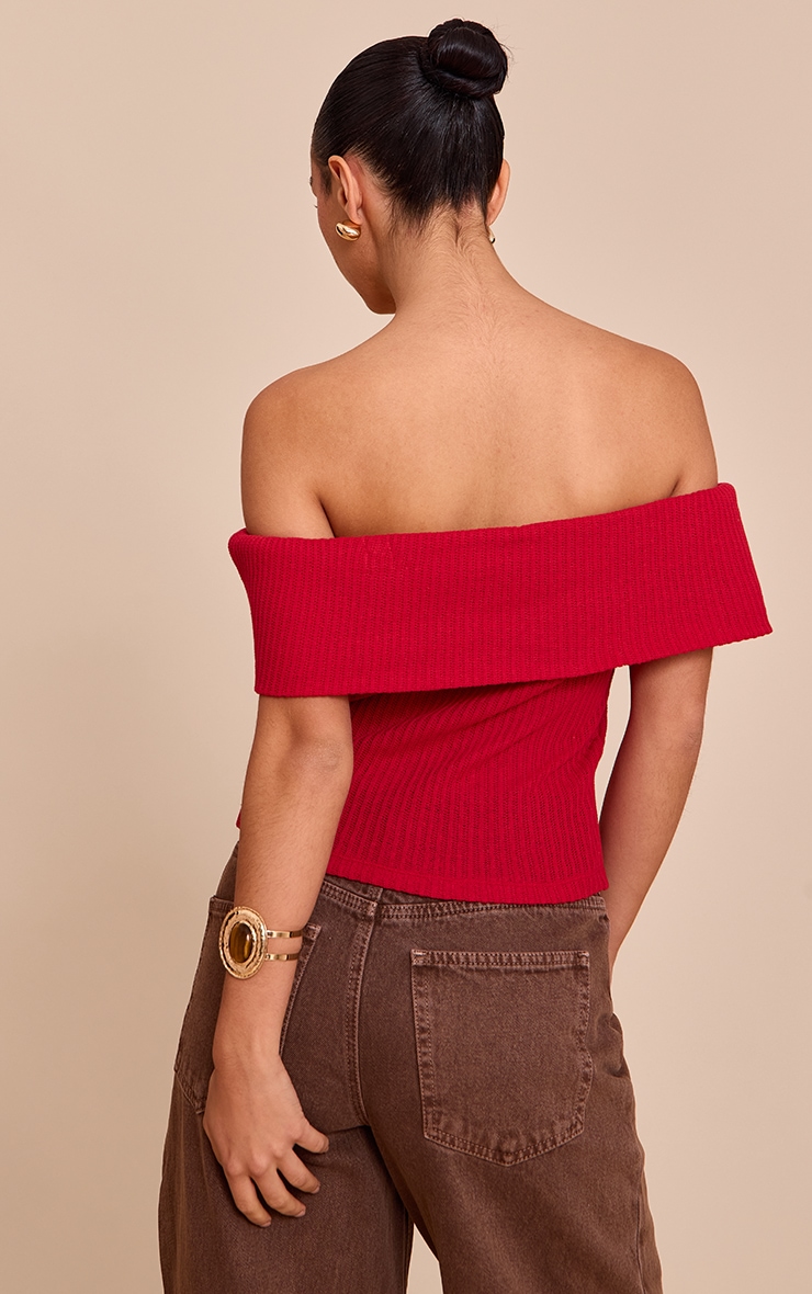 Red Textured Fold Over Detail Bardot Top image 2
