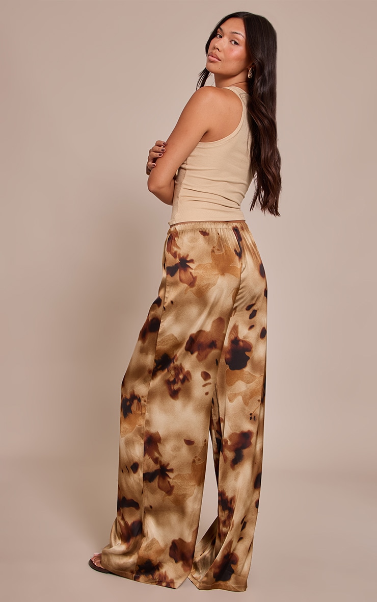 Brown Floral Abstract Print Satin Drawstring Low Rise Pants image 3