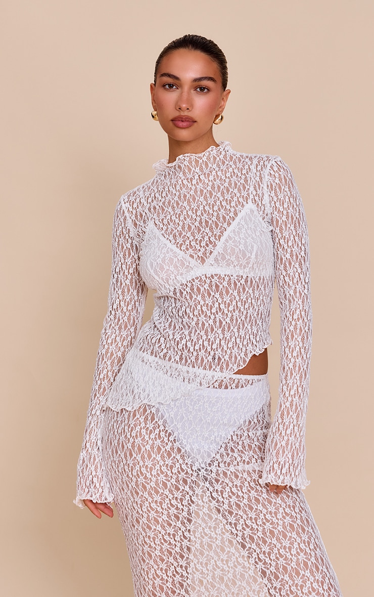 Top long asymétrique en dentelle blanche transparente image 4