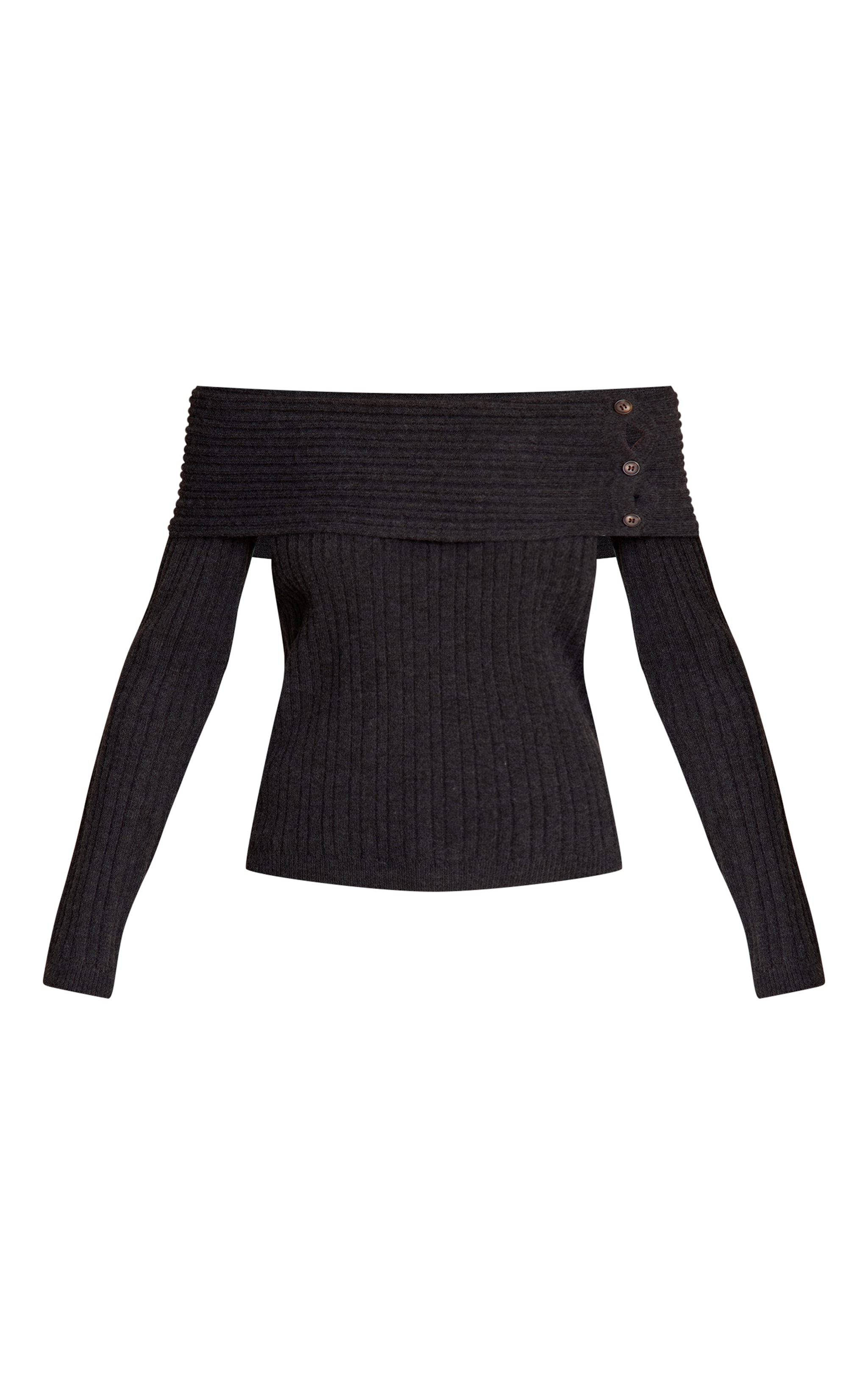 Pull en maille tricot côtelée gris foncé à col bardot et boutons image 5