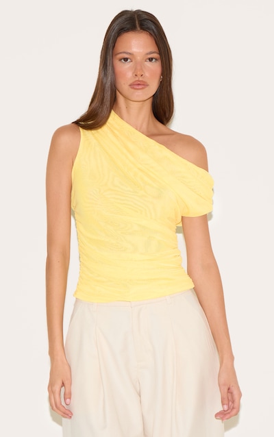Top asymétrique en mesh doublé jaune citron froncé