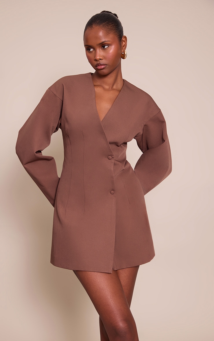 Tan Woven Balloon Sleeve Blazer Dress image 1
