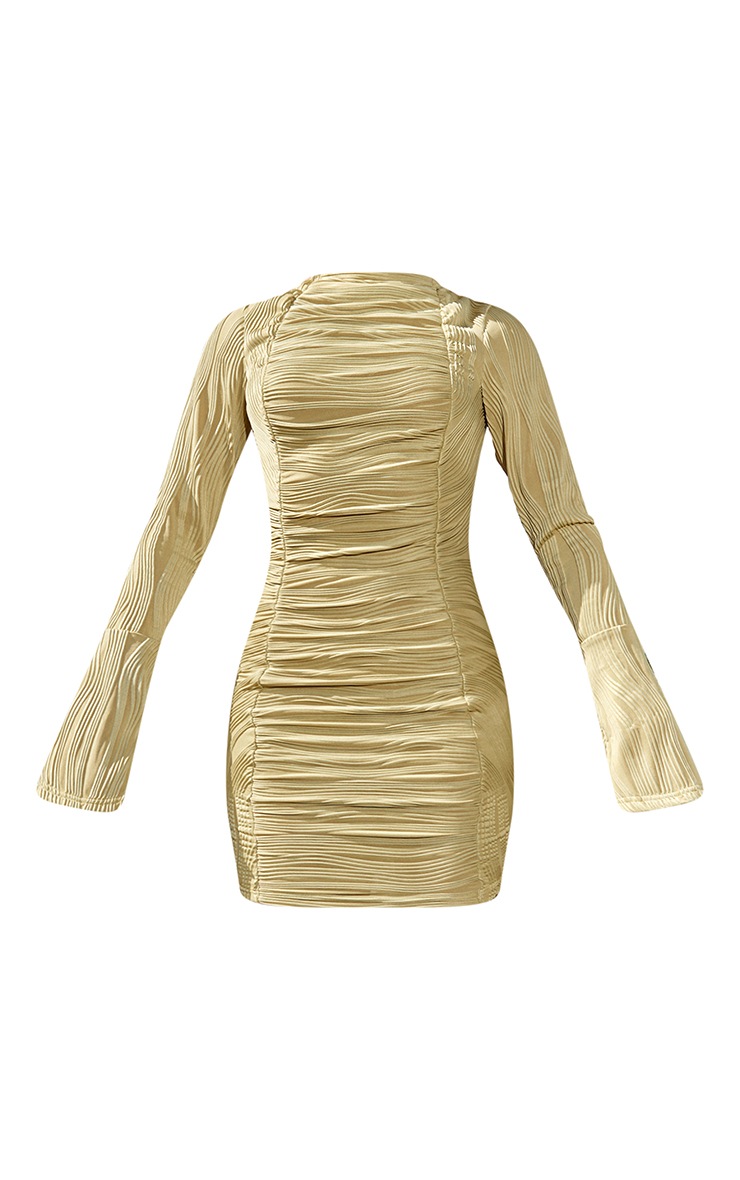 Olive Crinkle Ruched Flare Sleeve Bodycon Dress image 5