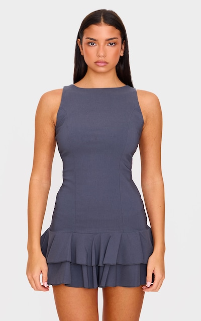 Charcoal Boat Neck Pleated Hem Shift Dress