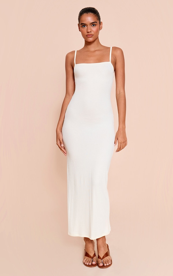 Cream Soft Touch Ribbed Strappy Maxi Dress