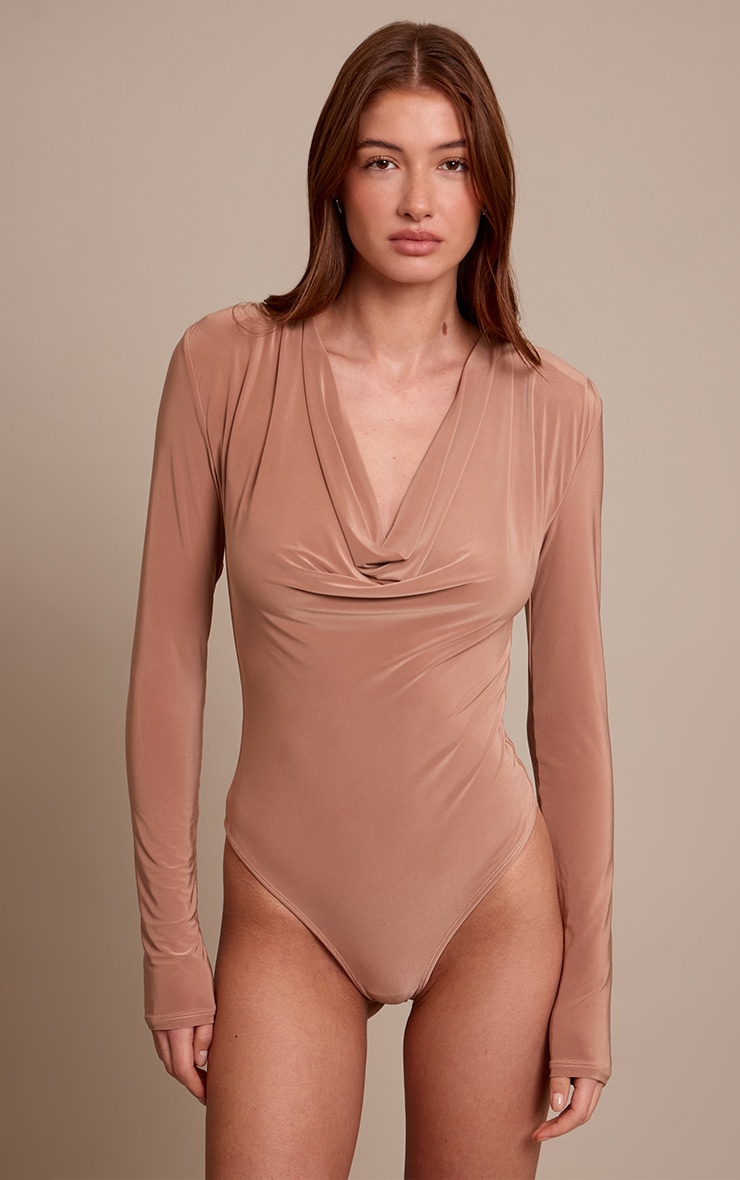 Tan Double Layer Slinky Cowl Neck Long Sleeve Bodysuit image 2