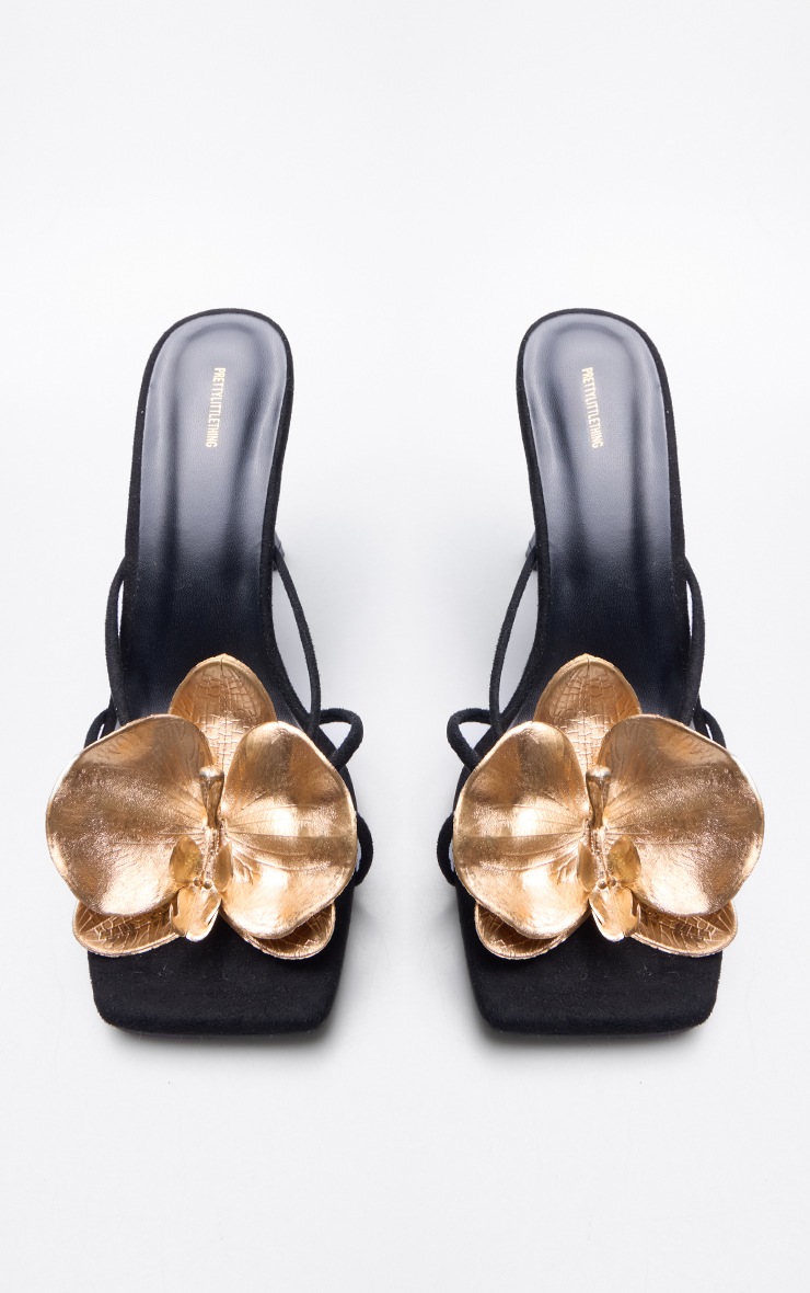 Black Square Toe Gold Flower Heeled Mules | Footwear | PrettyLittleThing