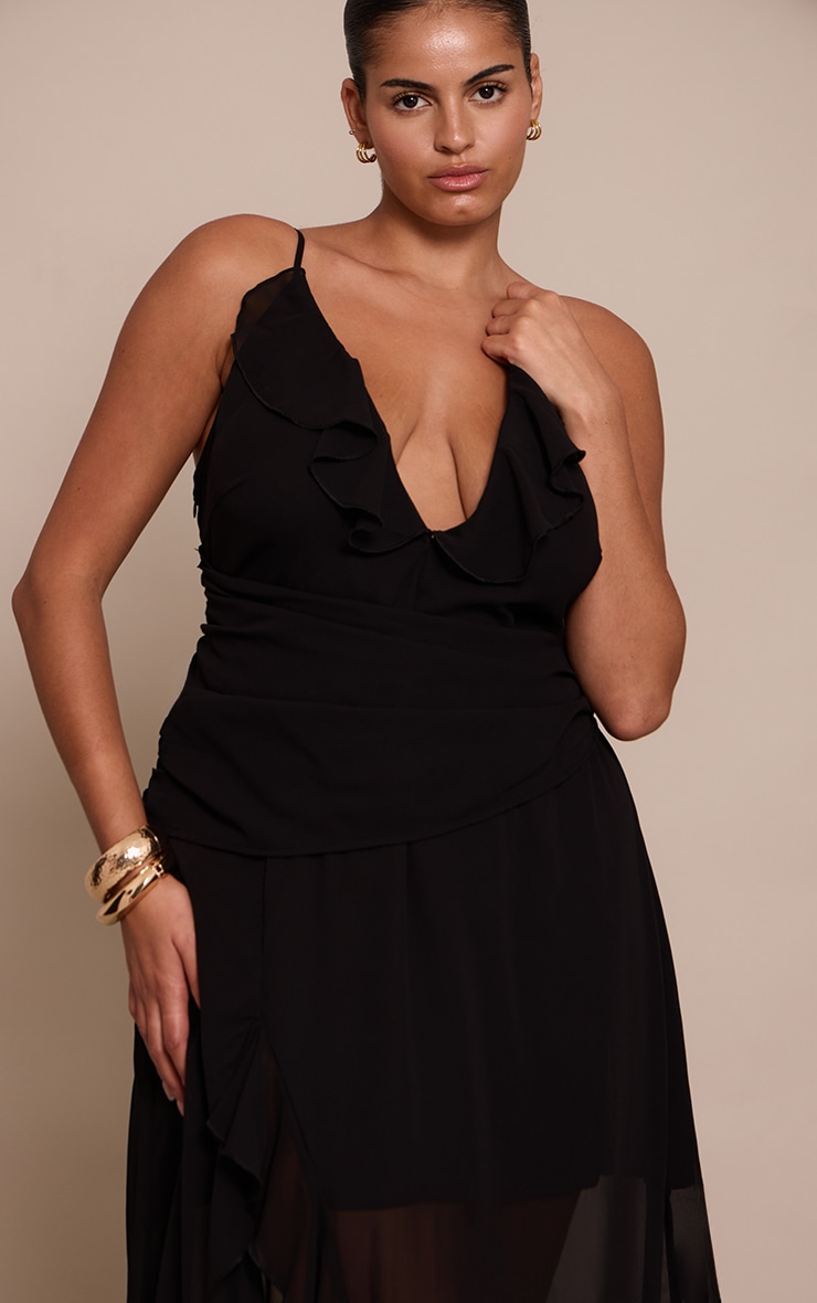 Plus Black Chiffon Frill Plunge Strappy Maxi Dress image 4