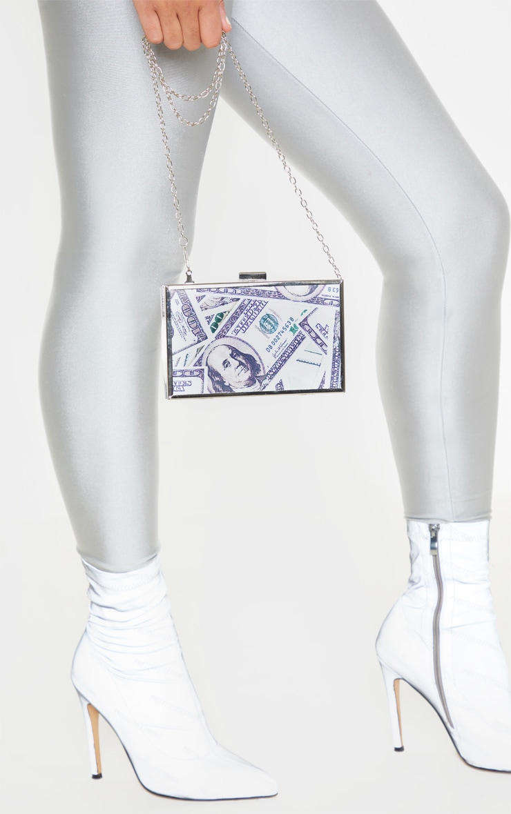 Silver Money Print Square Clutch