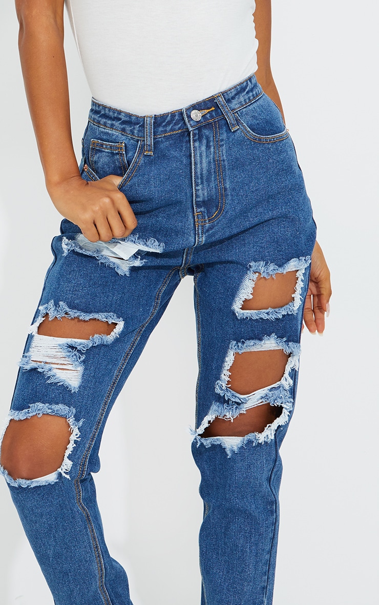 PRETTYLITTLETHING Mid Blue Wash Extreme Ripped Slim Fit Mom Jeans image 4