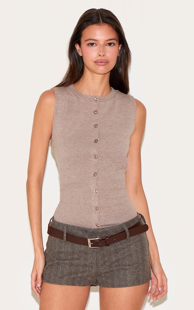 Mocha Button Through Sleeveless Top