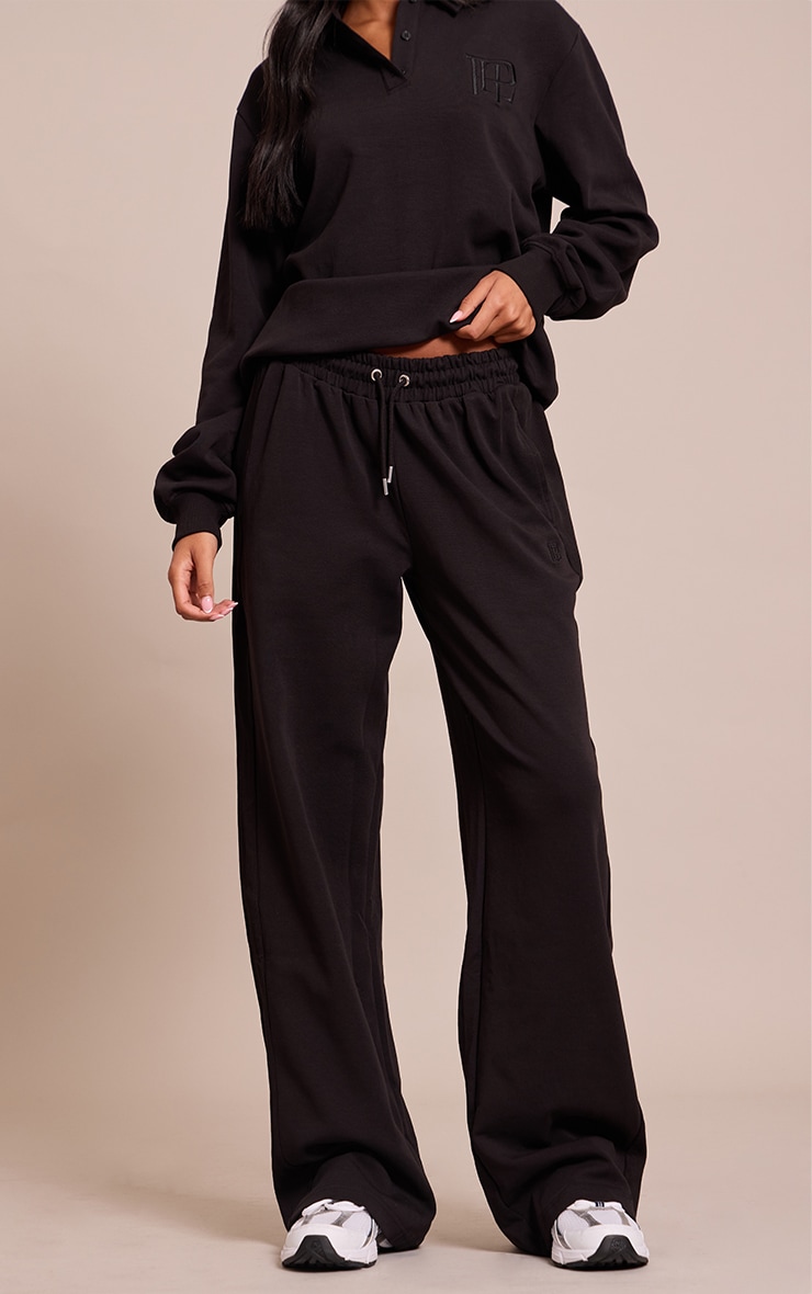 Tall Black Embroidered Interlock Rib Panel Wide Leg Sweatpants image 2