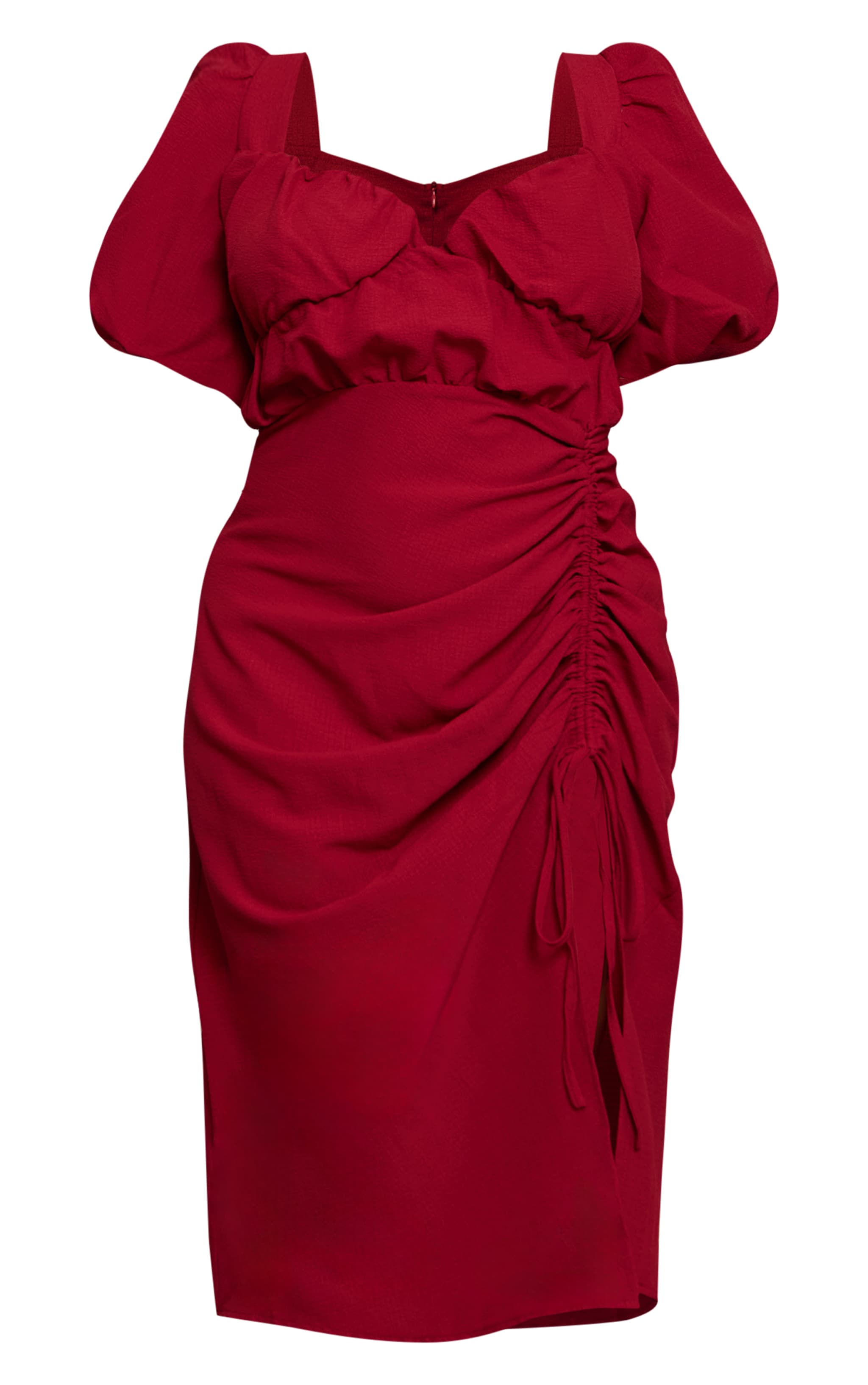 Plus Deep red Puff Sleeve Ruched Split Side Midi Dress image 5