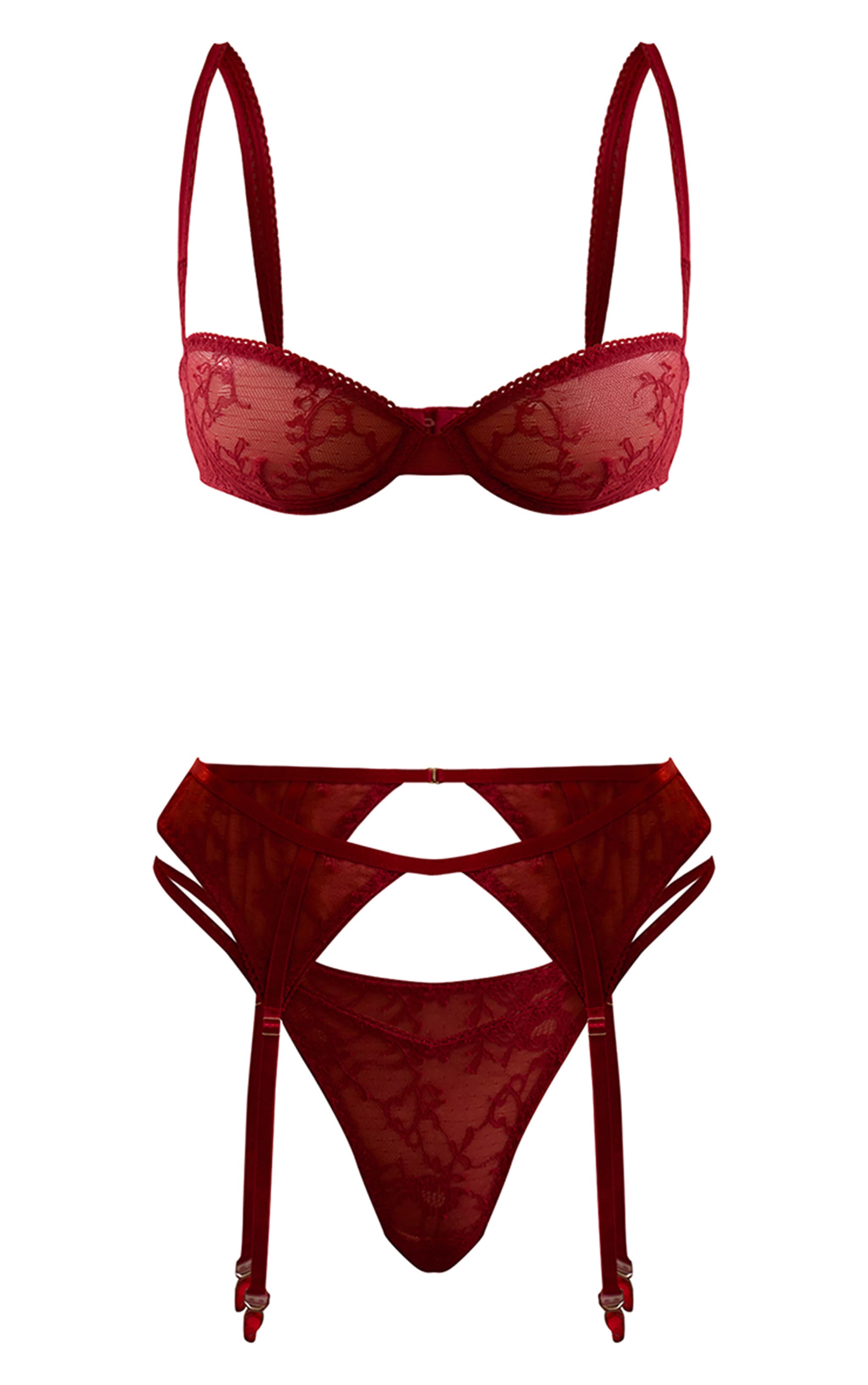 Red Rounded Cup Lace 3 Piece Suspender Set image 6