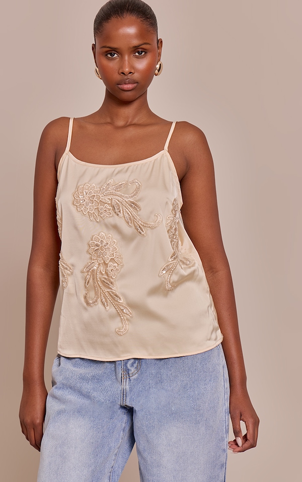 Butter Yellow Satin Embellished Detail Strappy Cami Top
