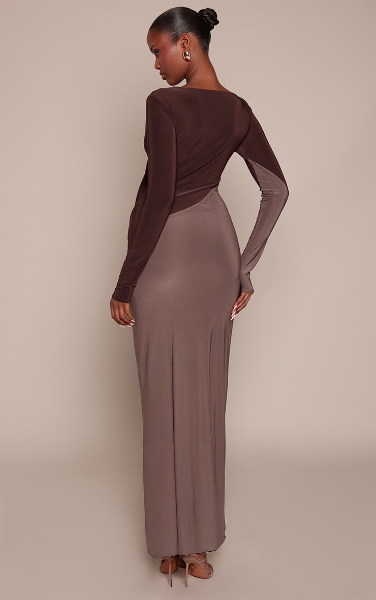 Chocolate Slinky Contrast Panel Long Sleeve Maxi Dress image 2