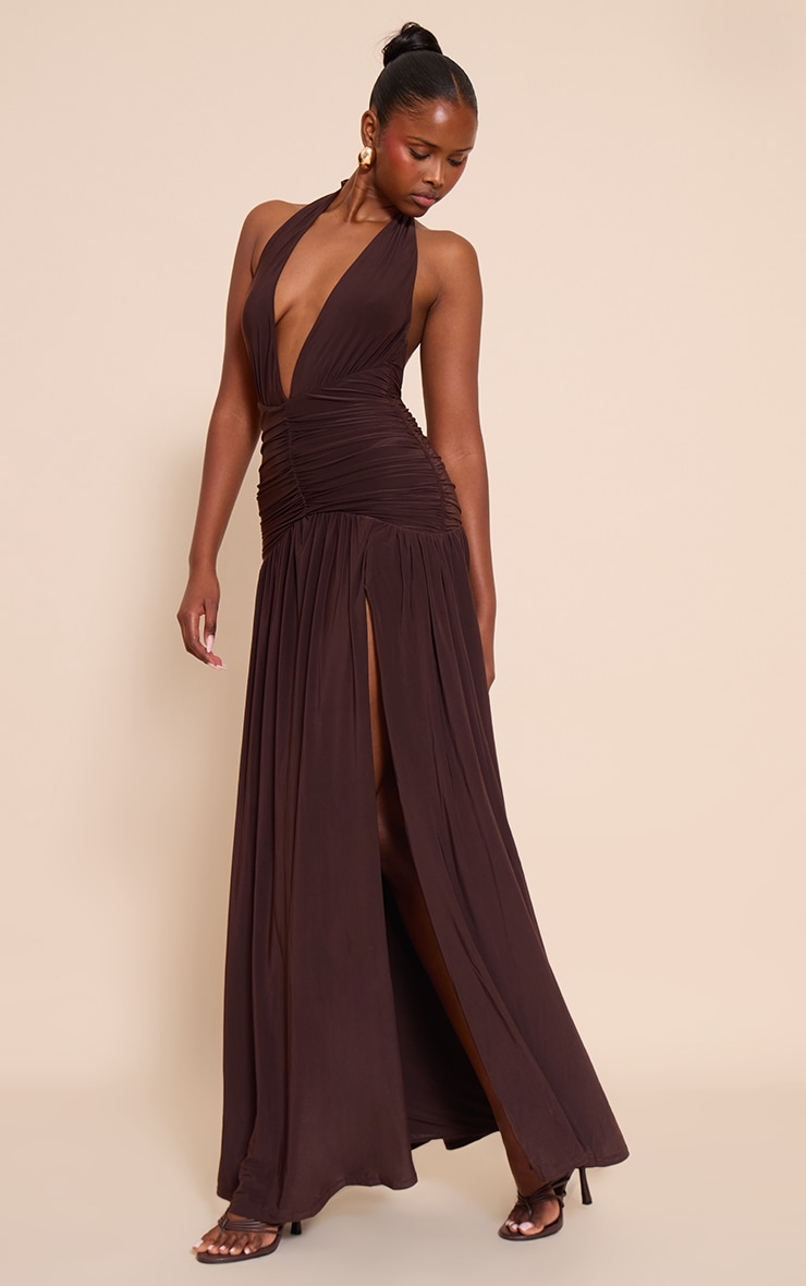 Chocolate Double Layer Slinky Ruched Detail Maxi image 3