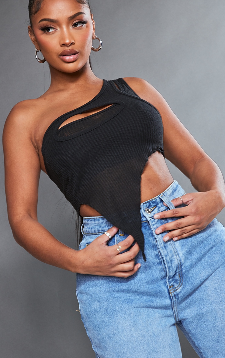Shape Black Sheer Rib One Shoulder Bardot Crop Top image 4