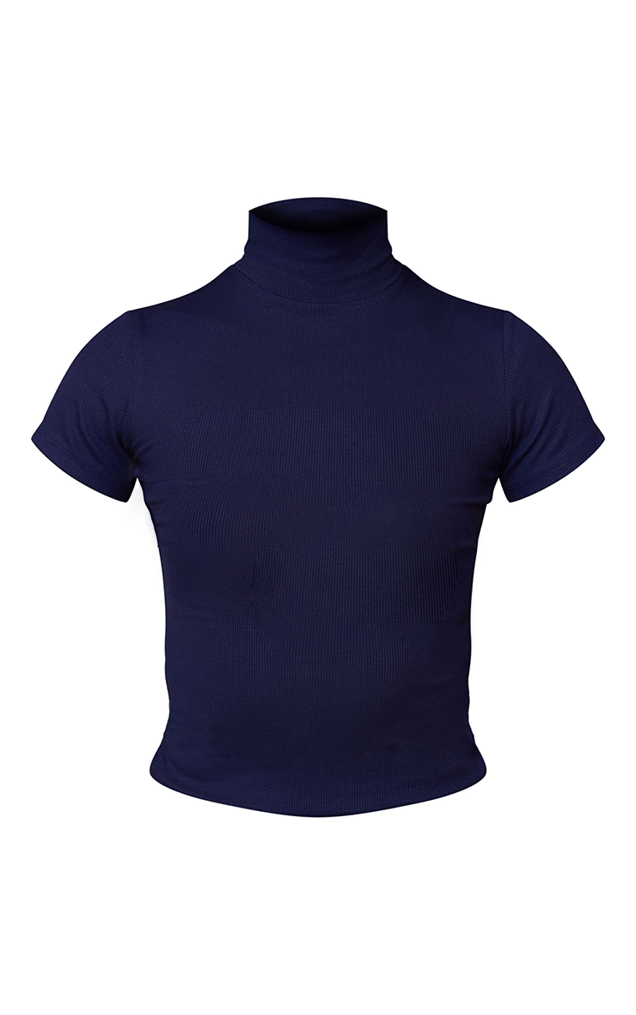 Navy Soft Rib High Neck Fitted Longline T-Shirt image 5