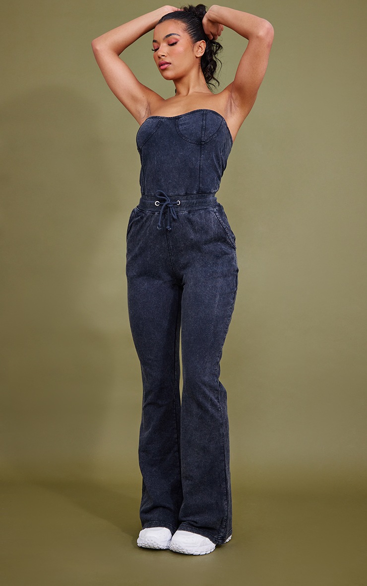 Black Acid Wash Bandeau Cup Detail Sweat Jumpsuit image 3