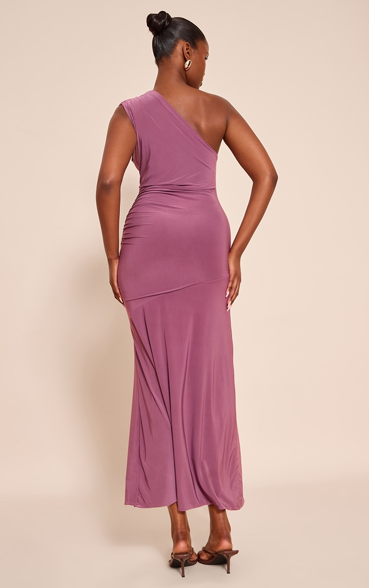 Mauve Double Layer Slinky One Shoulder Ruched Drop Hem Maxi Dress image 2
