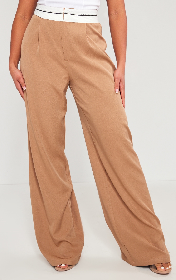 Taupe Fold Over Waistband Tailored Trousers image 2