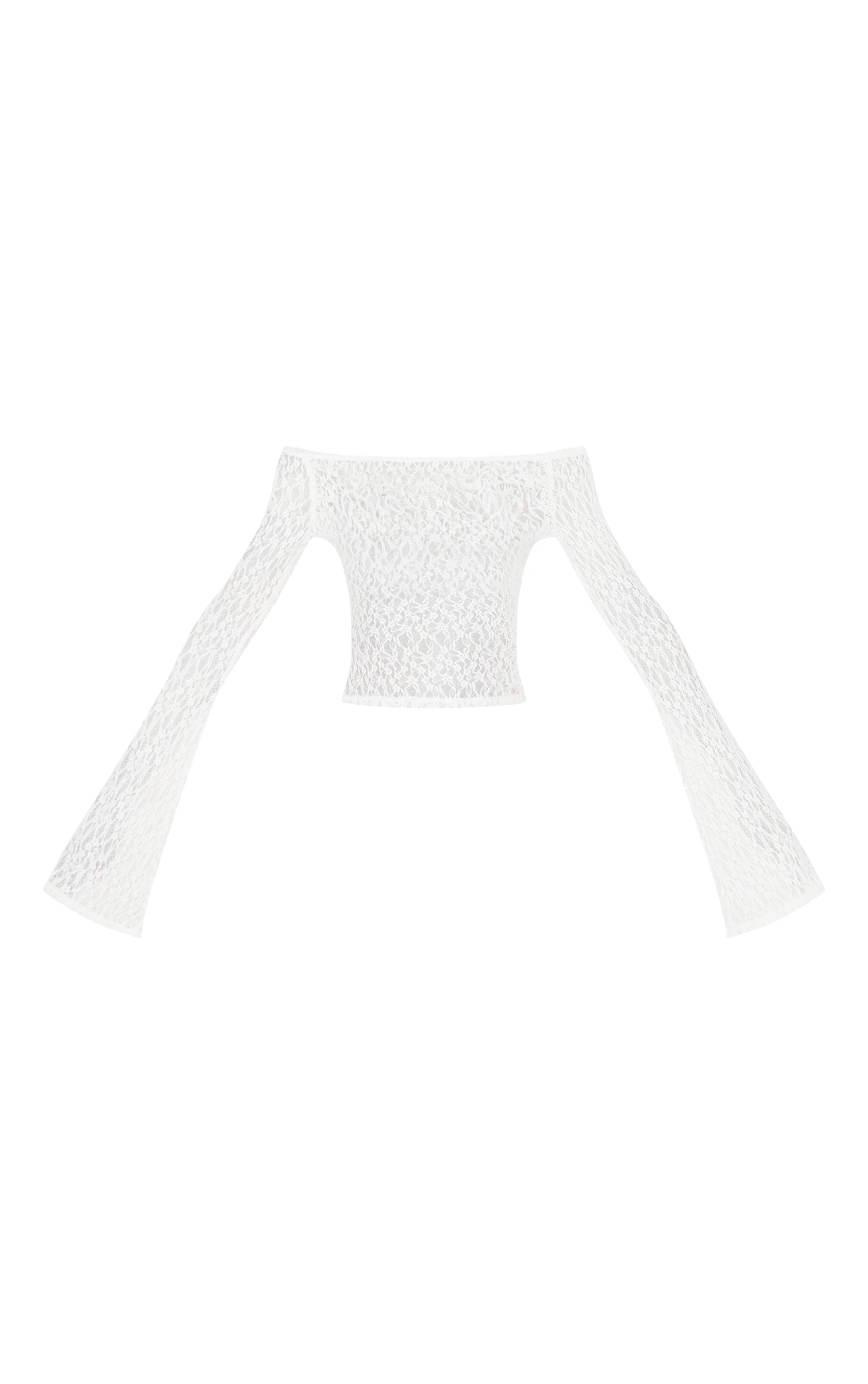 White Textured Sheer Lace Bardot Flared Sleeve Long Top image 5