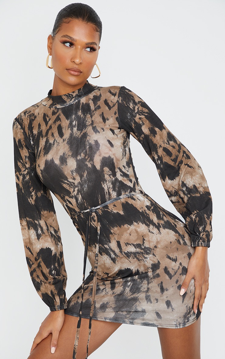 Brown Tie Dye Tie Waist High Neck Bodycon Dress