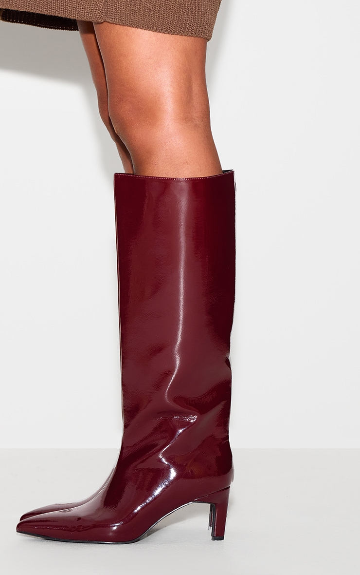 Burgundy Crinkle Pu Point Toe Low Stiletto Knee High Heel Boots image 2