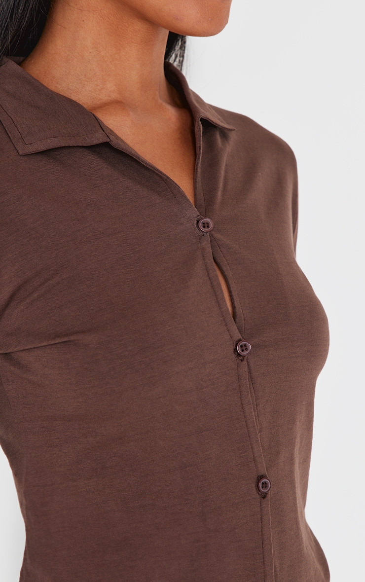  Chocolate Button Up Jersey Fitted Top image 4