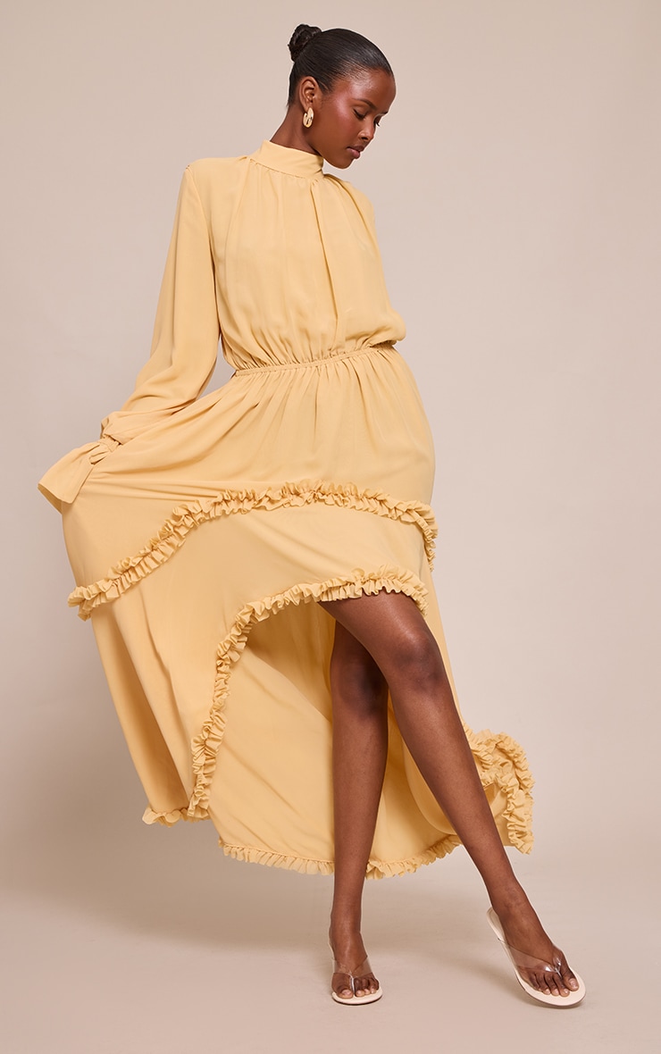 Mustard Chiffon High Neck Frill Detail Maxi Dress image 3