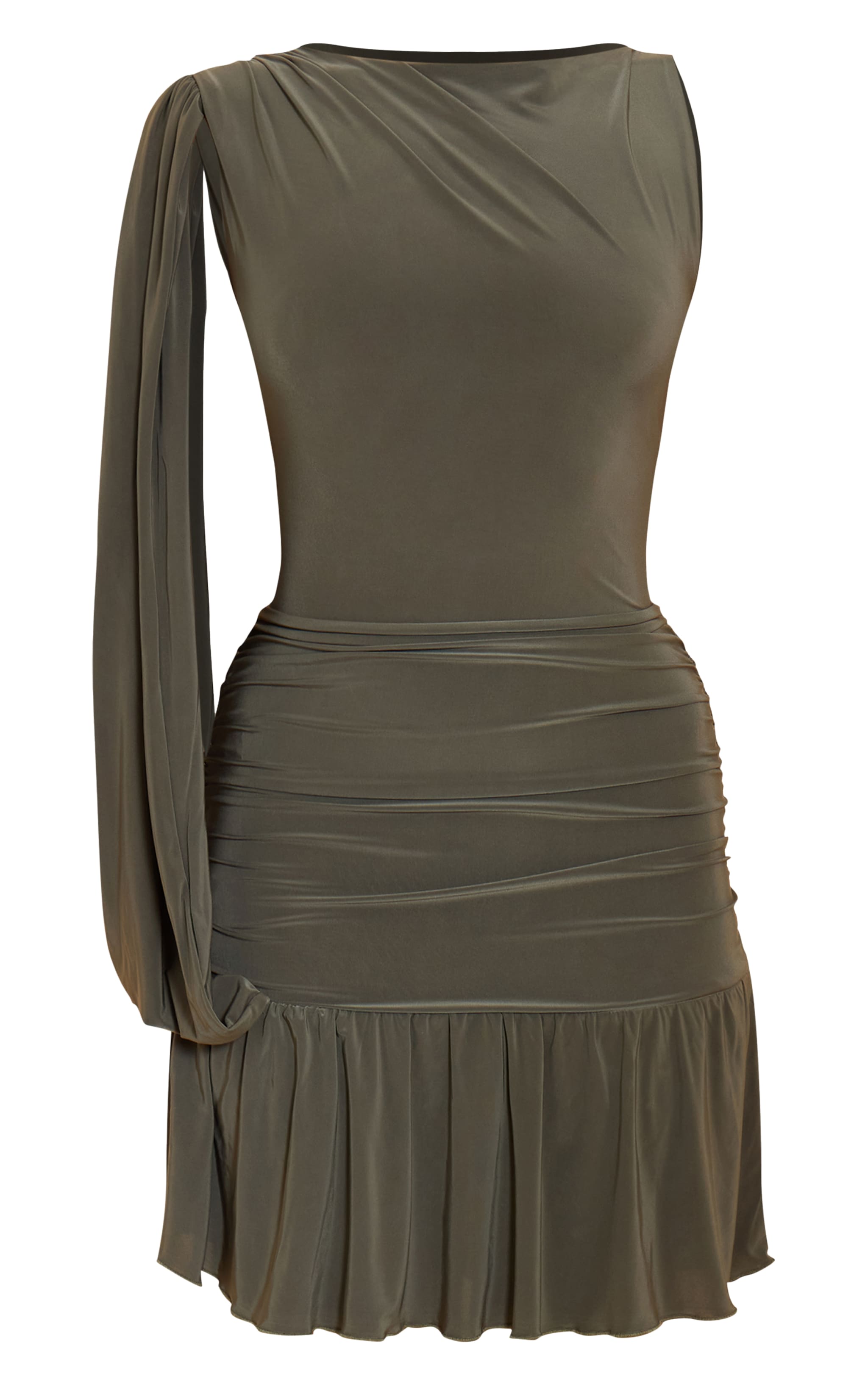 Olive Double Layer Slinky Ruched One Shoulder Mini Dress image 5