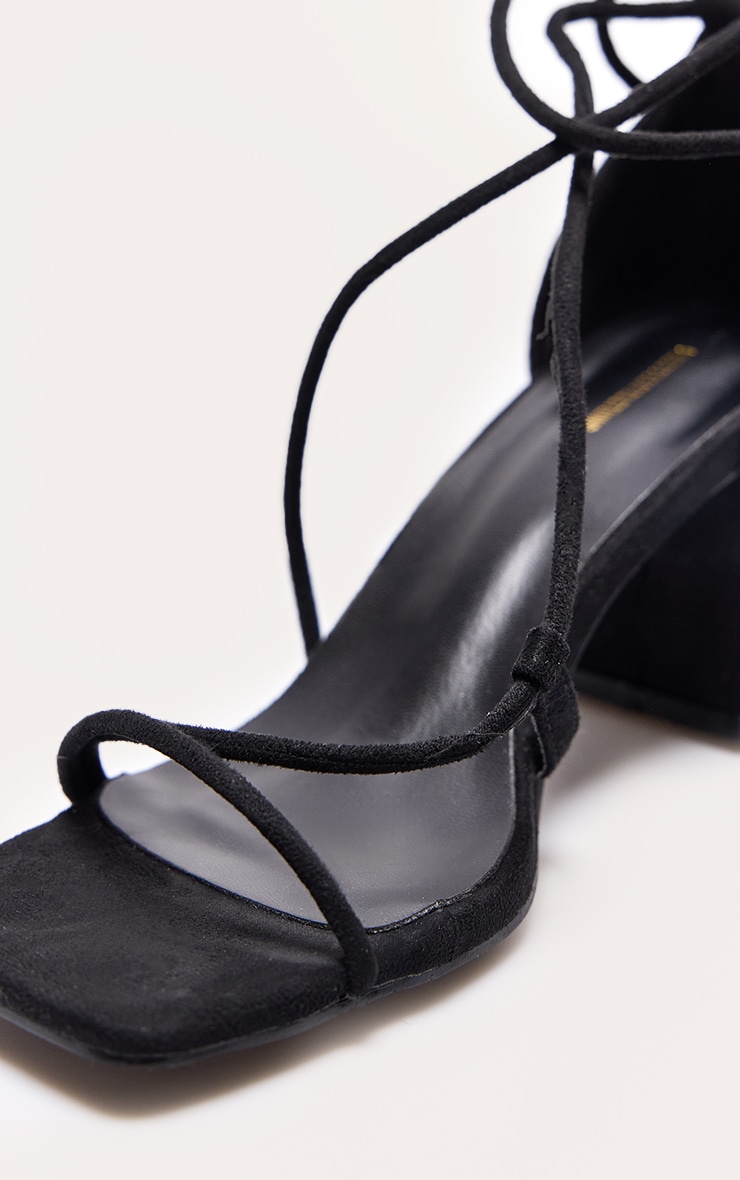 Black Faux Suede Square Toe Lace Up Block Heel Sandals image 4