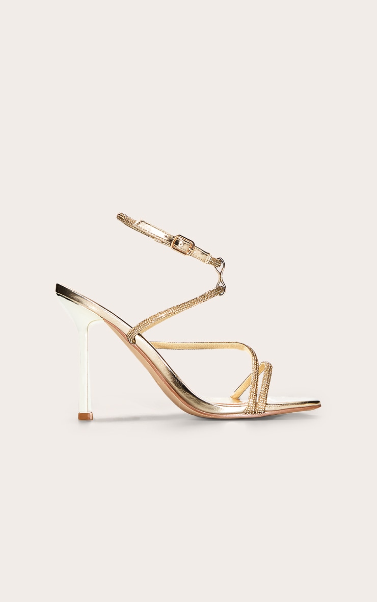 Gold PU Square Toe Diamante Asymmetric Strap High Heels image 2