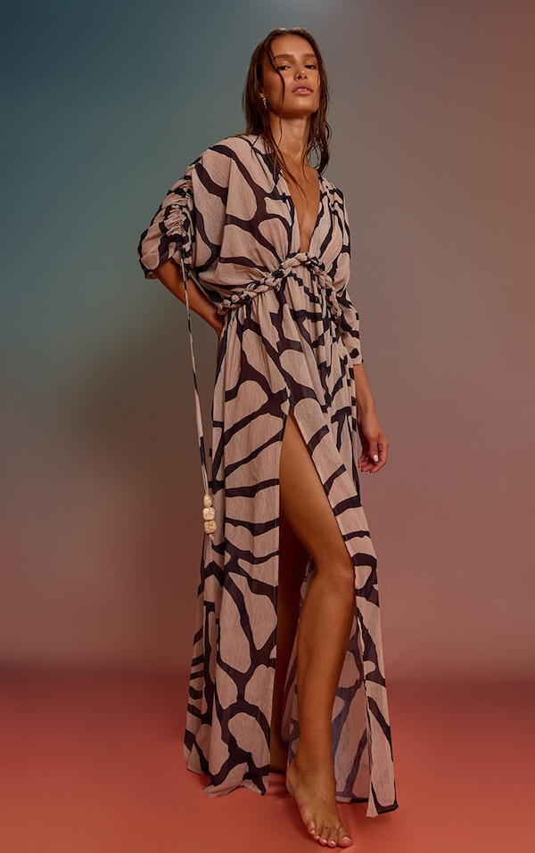 White Giraffe Print Textured Chiffon Twist Boho Beach Dress