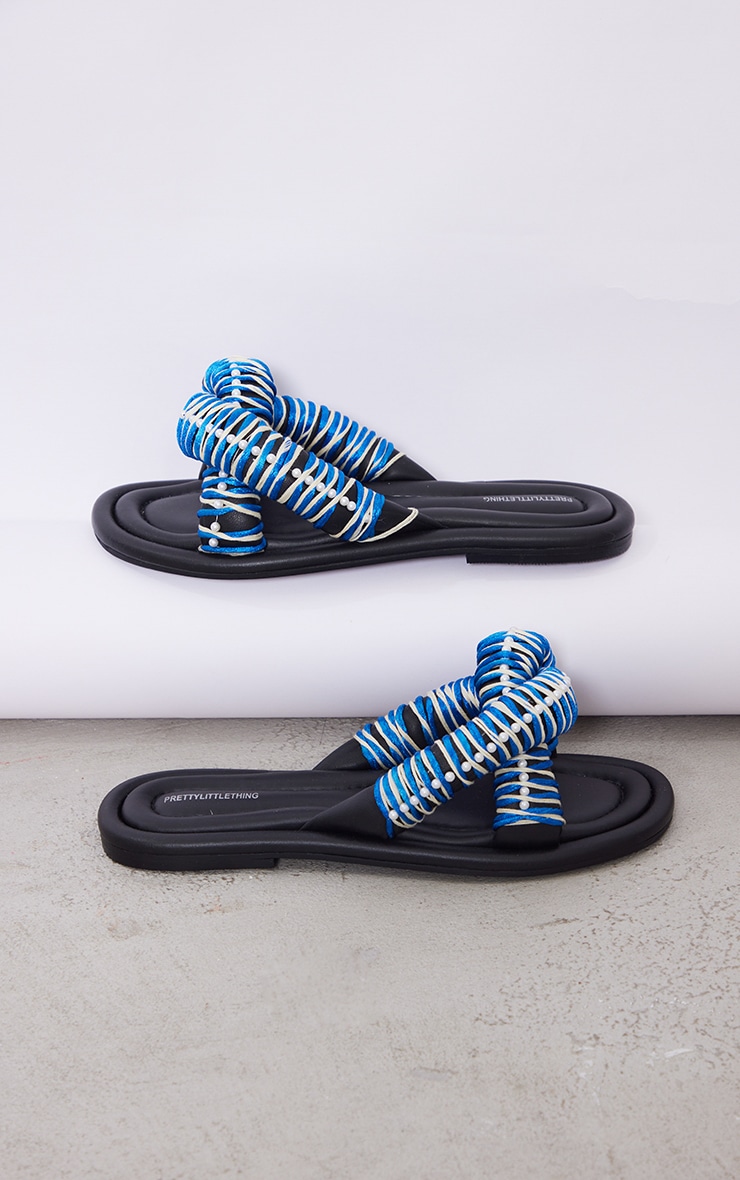 Black Real Leather Round Toe Padded Contrast Strap Pearl Detail Sandals image 3