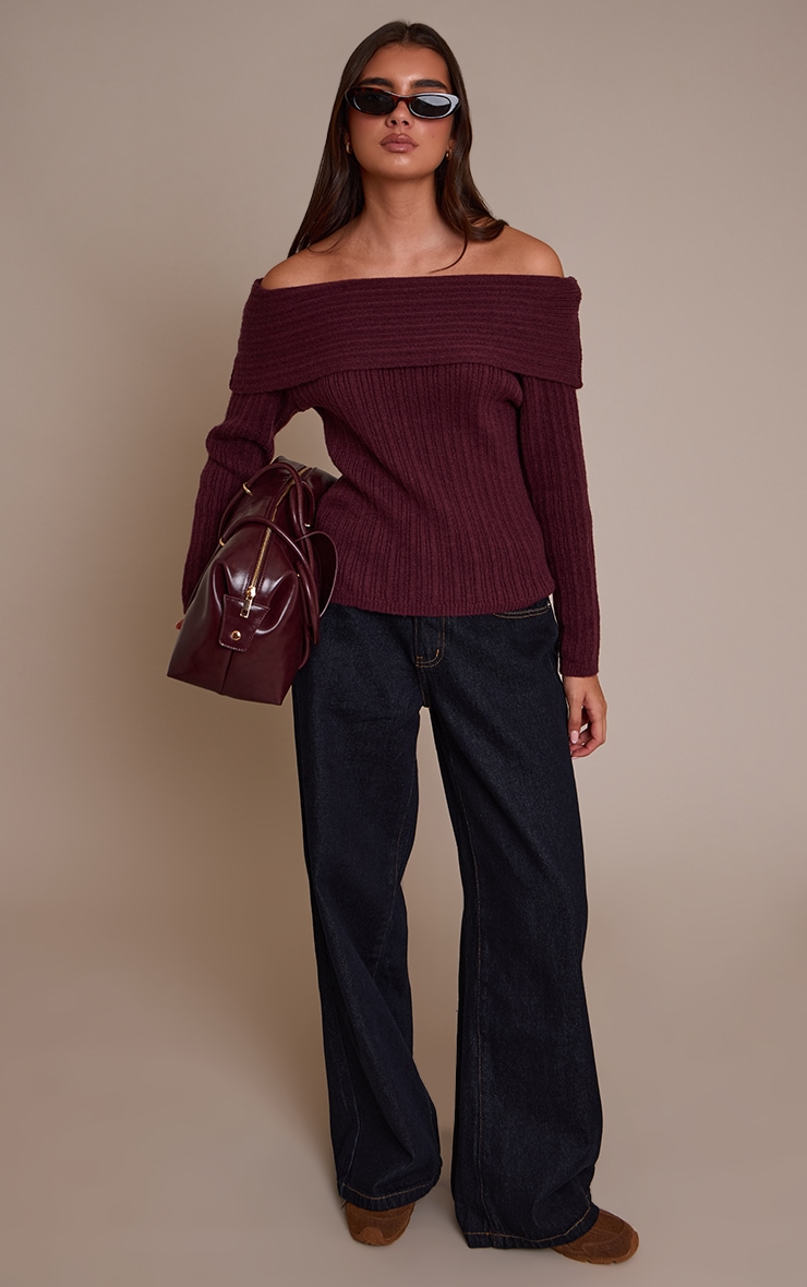 Burgundy Off The Shoulder Knit Long Sleeve Top image 3