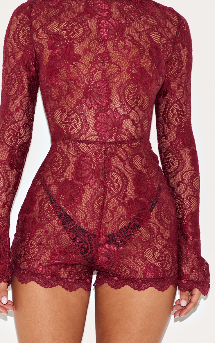 Petite Burgundy Lace Long Sleeve Fitted Playsuit image 4