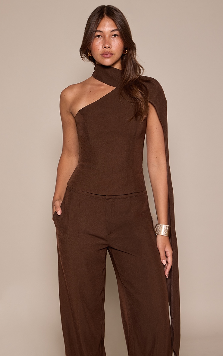 Dark Brown Tailored Woven Shoulder Cape Top image 4
