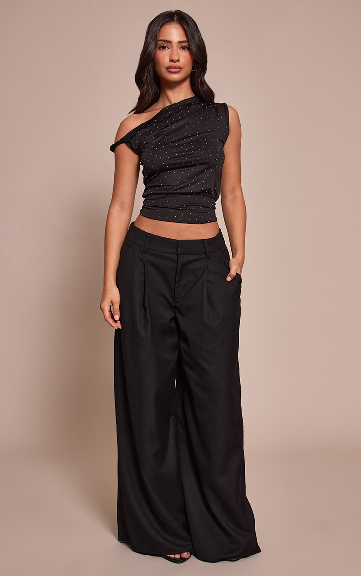 Petite Black Woven Double Pleat Wide Leg Trouser