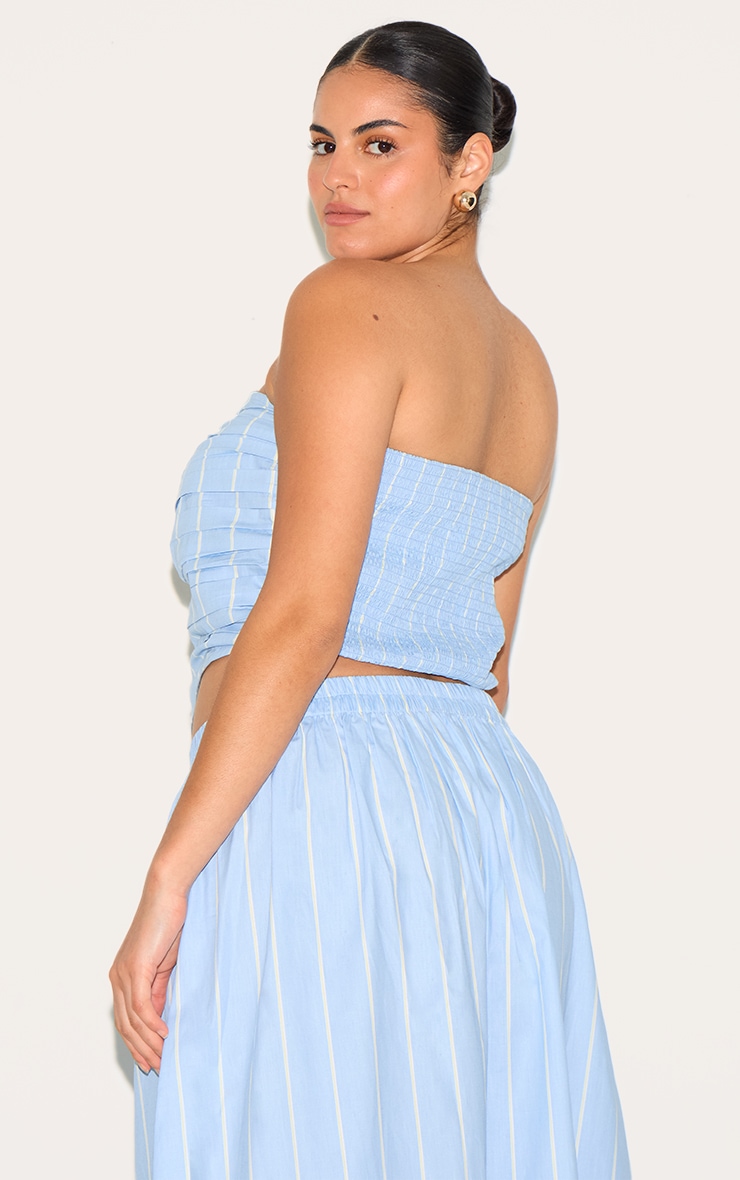 Plus Blue Cotton Poplin Bandeau Ruched Front Top image 2