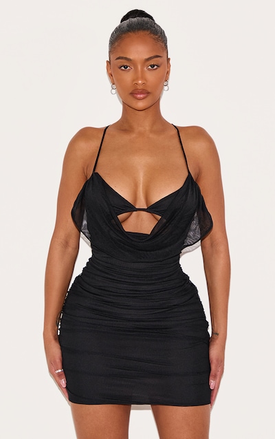 Shape Black Bralet Detail Mesh Cowl Ruched Bodycon Dress